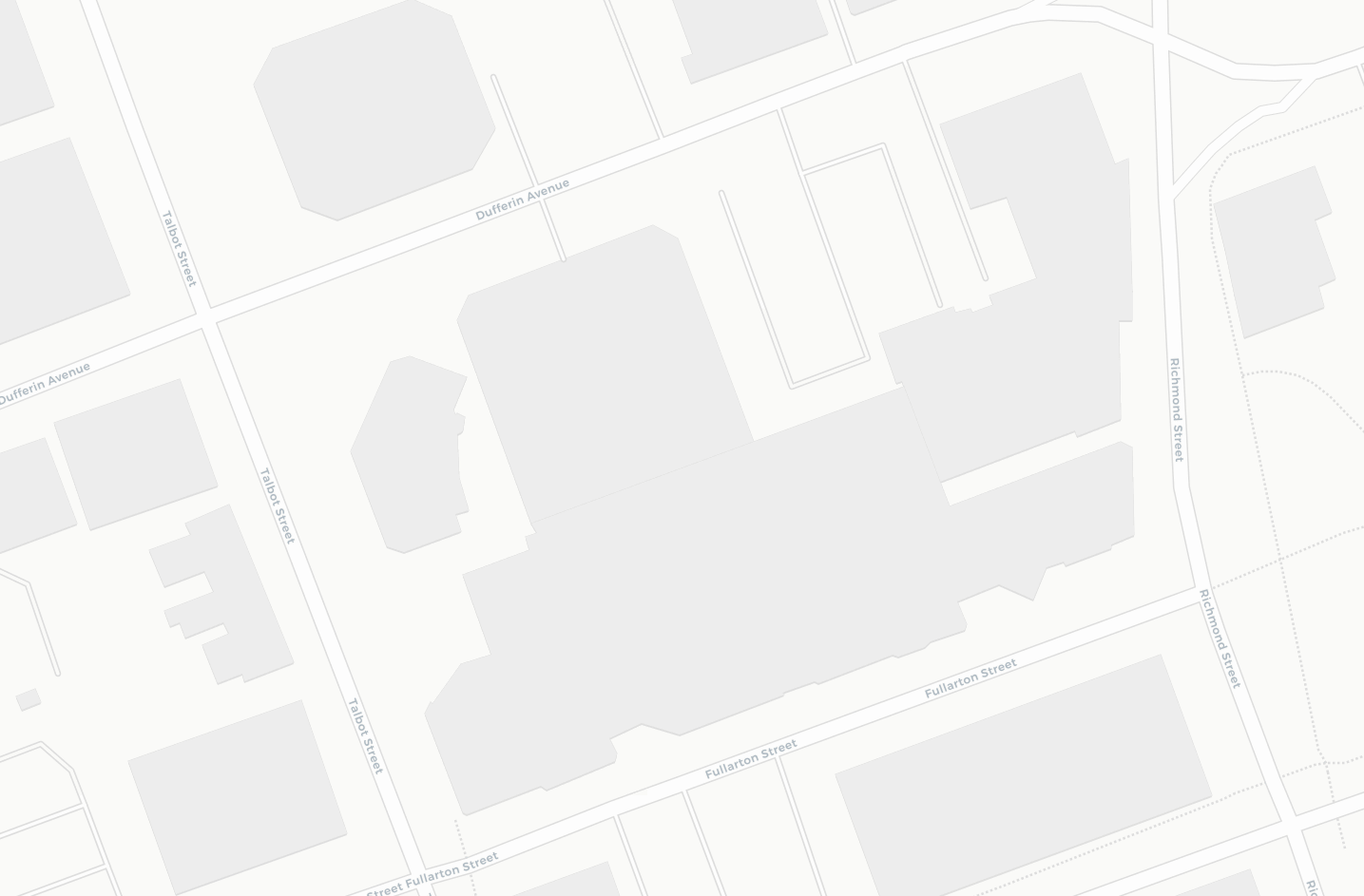 Street map of downtown London, Ontario. The office is on the north side of Fullarton Street, in the block bounded by Dufferin Avenue, Talbot Street and Richmond Street. The Talbot Centre parking garage is on the south side of Dufferin Avenue, between Richmond Street and Talbot Street.